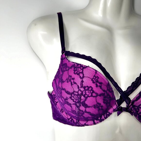 Victoria's Secret 32B Push Up Bra Purple Lace Strappy Front Adjustable Straps - Picture 3 of 12